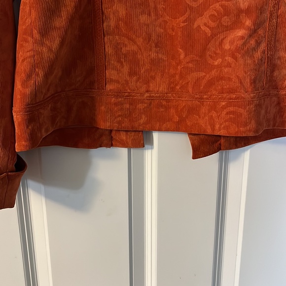 Chico’s Orange Brocade Embossed Bohemian Corduroy Open Ruffle jacket- si… - Picture 8 of 9